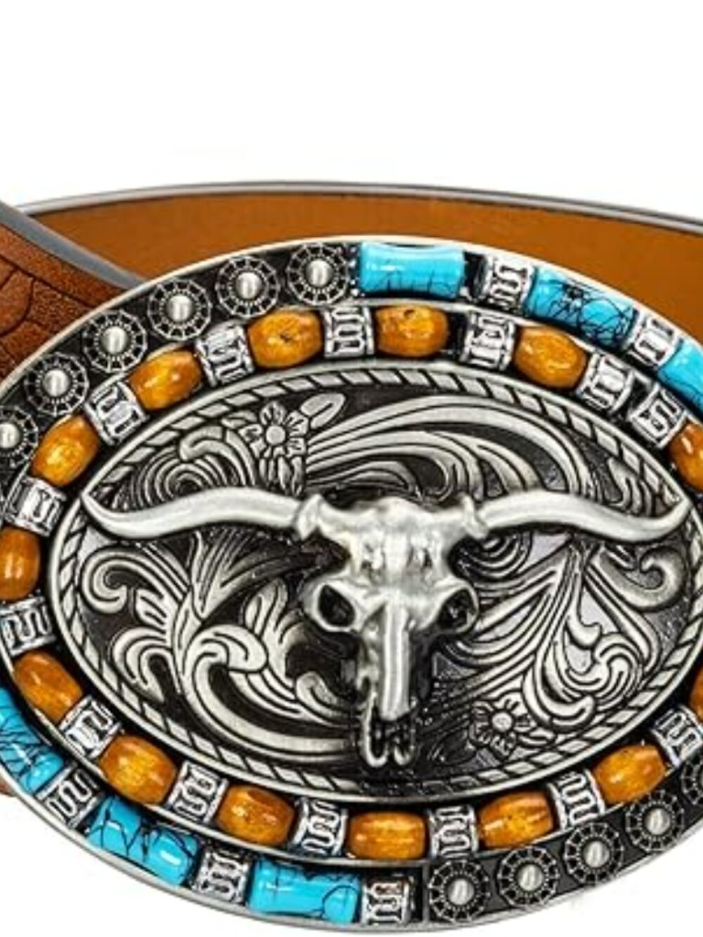 New - Women's Retro Western Belt & Buckle Carved PU Leather Cowgirl Steer Beads